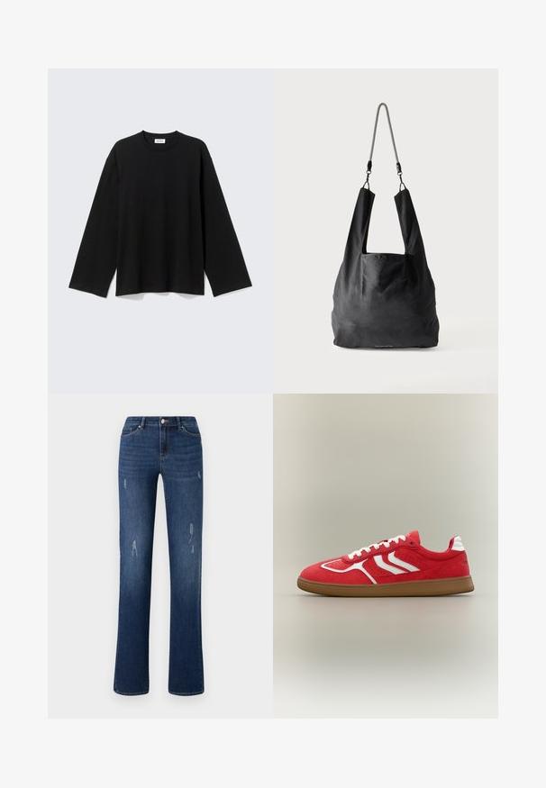 Sort langærmet T-shirt med rund hals, afslappet pasform, lige kant og uden synlige mønstre eller logoer mod en lys baggrund.; ONLY ONLWAUW MID WAIST - Jeans Slim Fit - dark blue denim; Rød ruskindssneaker med hvide detaljer, hvide snørebånd og en brun gummisål, vist fra siden på en neutral baggrund.; Sort blød stofnettaske med brede håndtag og en tynd sort-hvid flettet skulderrem.
