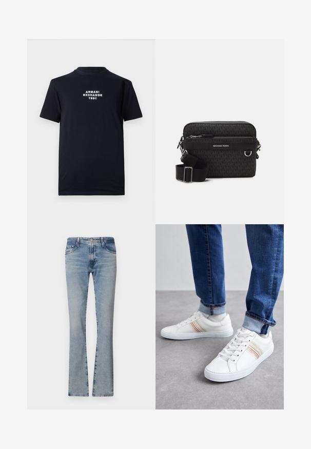 Schwarzes Baumwoll-T-Shirt mit Rundhalsausschnitt und kurzen Ärmeln. Weiß gestickter Text mit "ARMANI EXCHANGE 1991" in der Mitte.; Hellblaue, ausgestellte Jeans aus Denim mit mittelhohem Bund, fünf Taschen und einem verblassten Finish, ausgestattet mit einem Reißverschluss und einem Metallknopfverschluss.; Weiße Leder-Sneaker mit mehrfarbigen Streifen, Schnürdesign, Gummisohle und gepolstertem Kragen, kombiniert mit blauen Jeans.; Schwarze Umhängetasche mit einer strukturierten Canvas-Oberfläche, ausgestattet mit einem Reißverschlussfach und einem verstellbaren Gurt. Das Logo ist auffällig platziert.