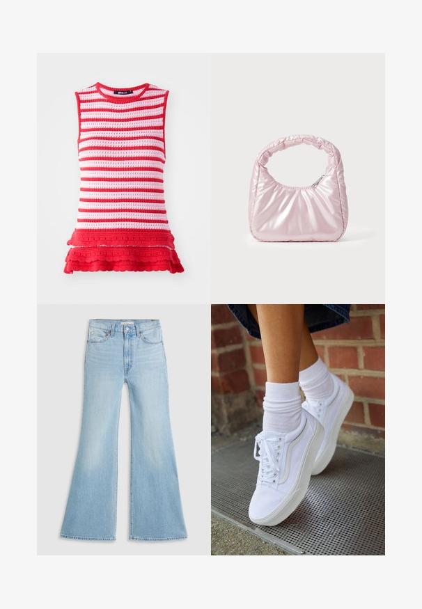 Top sin mangas a rayas rojas y rosas con un diseño de punto texturizado y un dobladillo con volantes, que presenta un escote redondo y una silueta ajustada.; Vaqueros acampanados de color azul claro con una cintura alta, hechos de mezclilla. Presentan un diseño clásico de cinco bolsillos y un acabado sin rematar en los puños.; Zapatillas de lona blancas con suelas de goma, que presentan seis ojales, puntera redonda y detalles de costura ligera, combinadas con calcetines blancos hasta el tobillo.; Bolso de mano acolchado en color rosa con un diseño redondeado, fabricado en material brillante. Presenta un asa fruncida y un cierre de cremallera para un acceso seguro.