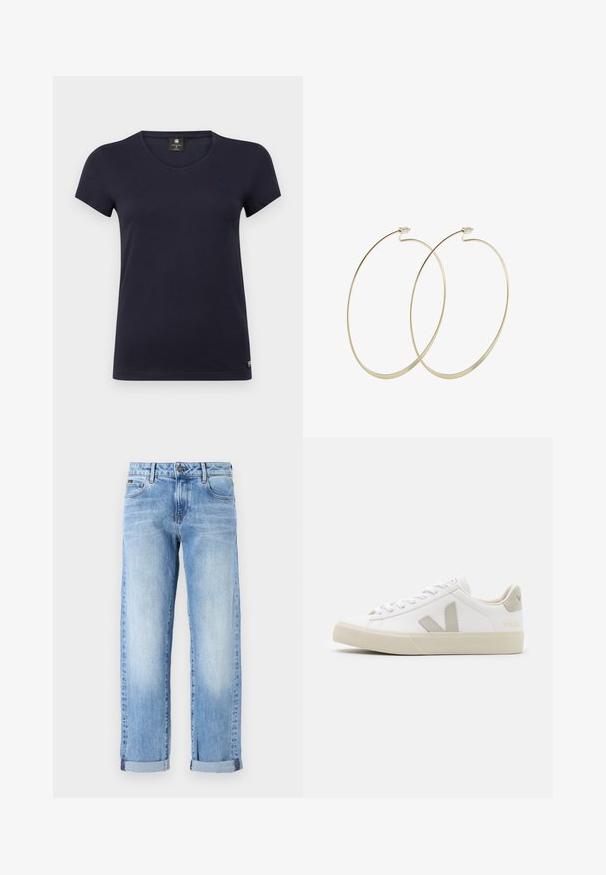 Marineblauwe T-shirt met korte mouwen en V-hals, gemaakt van zachte katoen. Heeft een klein logo accent aan de bovenkant aan de linkerkant.; Lichtblauwe denim jeans met opgerolde mouwen, vooraan een knoop en rits, en een klassieke vijf-pocket ontwerp op een witte achtergrond.; Witte sneakers van leer met grijze V-logo accenten, een gestructureerde rubberen zool, witte veters en een gevoerde tong en kraag.; Pilgrim Oorbellen - gold-coloured