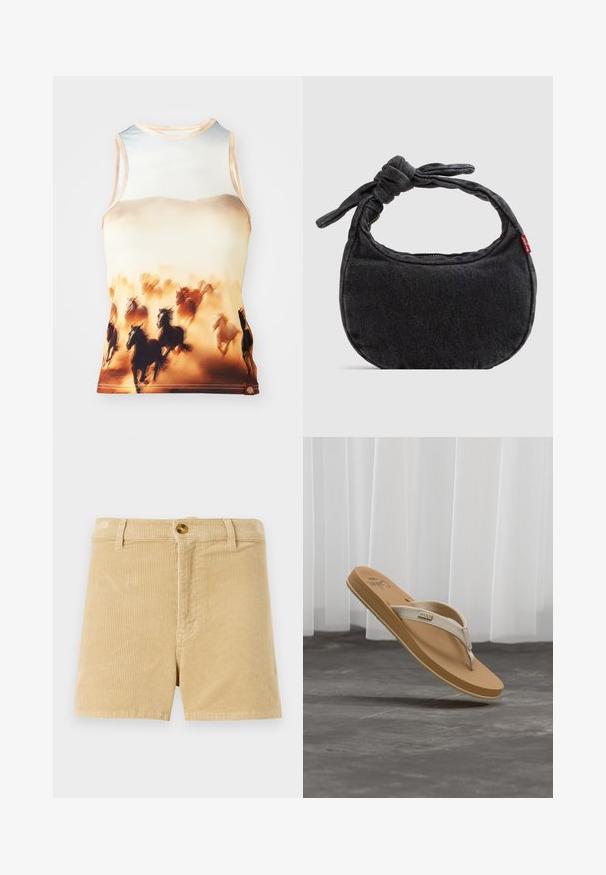 Débardeur sans manches avec un imprimé de chevaux en course dans des tons marron et crème, fabriqué en tissu lisse avec un col rond et une coupe ajustée.; Shorts en velours côtelé khaki avec un motif texturé en relief, dotés d'une fermeture à bouton à l'avant et de deux poches latérales. Design classique à coupe droite.; Sandale tong beige et marron clair avec semelle texturée et brides en tissu, posée sur un sol gris devant un rideau blanc.; Petit sac d'épaule en denim noir avec une sangle nouée et une fermeture éclair, arborant une étiquette en tissu rouge Levi's sur le côté.