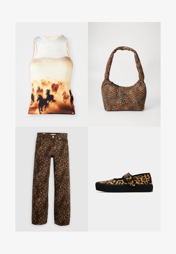 Ærmeløs tanktop med et print af løbende heste i brune og cremefarvede nuancer, lavet af glat stof med rund halsudskæring og tætsiddende design.; Bordeaux og tan leopardprint brede benjeans. Fremstillet af denim, med et klassisk fem-lomme design og metalhardwaredetaljer.; Sko med leopardmønster, der glides på med en sort ribbet sål og en spænde.rem, med flad design og blød stoftekstur.; Leopardmønstret håndtaske i brunt og sort stof med en rund form, blød tekstur og en tyk, polstret skulderrem. Detalje med lynlås lukning.