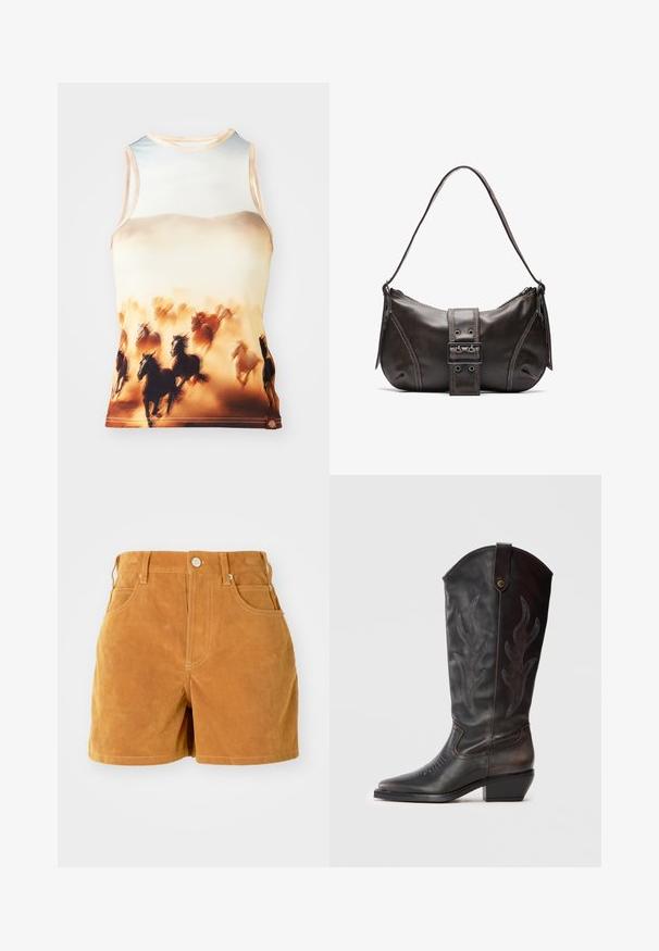 Camiseta sin mangas con un estampado de caballos corriendo en tonos marrón y crema, hecha de una tela suave con un escote redondeado y un diseño ajustado.; Pantalones cortos de ante marrón de cintura alta con botón frontal, lazos para cinturón y diseño de cinco bolsillos sobre un fondo blanco liso.; Bota vaquera de cuero negro con costuras en forma de llama y un tacón mediano inclinado sobre un fondo liso.; Bolso de hombro de cuero marrón con forma curva, que presenta un prominente detalle de hebilla, costuras en contraste y una sola correa para el hombro.