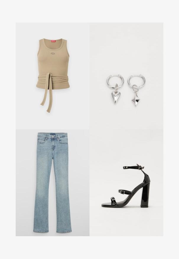 Haut sans manches en beige côtelé avec encolure ronde, petit logo sur la poitrine, et longue ceinture en tissu nouée autour de la taille.; Jeans évasés en denim bleu clair taille haute, avec passants pour ceinture, poches avant et texture délavée.; Sandales à talons hauts en cuir verni noir avec deux brides à boucles, bout carré et talon bloc épais, présentant une texture lisse et brillante.; Boucles d'oreilles en argent en forme de créoles, ornées d'un cœur et d'un pendentif en forme de diamant. Texture lisse avec une finition polie.