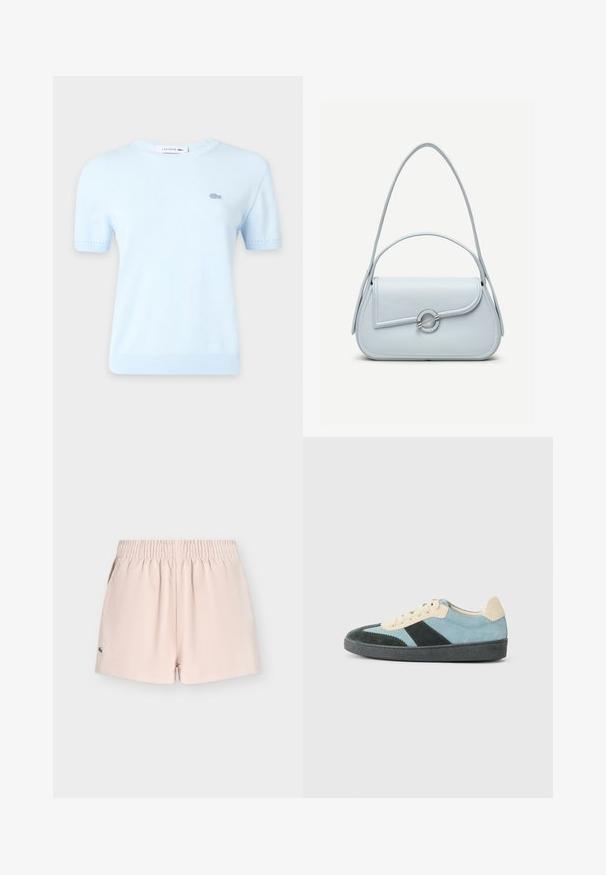 Pull en maille Lacoste bleu clair manches courtes avec col rond et petit logo crocodile brodé sur la poitrine gauche.; Shorts pour femme rose clair avec taille élastique, motif géométrique subtil, poches latérales et petit logo vert brodé sur la jambe gauche.; Baskets basses en suède bleu clair, vert foncé et beige avec semelle noire et lacets beiges, présentées de l'extérieur.; Sac à main en cuir bleu clair avec rabat arrondi, fermoir circulaire argenté et deux bretelles d'épaule sur un fond uni.