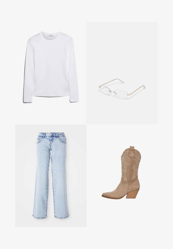 Langärmliges weißes T-Shirt aus geripptem Baumwollstoff, mit rundem Ausschnitt und geradem Saum. Einfaches Design ohne Muster oder Akzente.; Helle blaue Denim-Jeans mit lockerer Passform, geraden Beinen und subtiler Ausbleichung. Verfügt über fünf Taschen und Gürtelschlaufen. Ausgefranster Saum. Coaches; Beige Wildleder Cowboy-Stiefel mit spitzem Zeh, gestickten Details und einem gestapelten Absatz. Verfügt über eine Ziehhilfe für einfaches An- und Ausziehen.; Goldfarbene Metallbrille mit ovalen Gläsern, schlanken Bügeln und klaren Nasenpolstern. Verfügt über subtile Scharnierakzente und transparente Gläser.