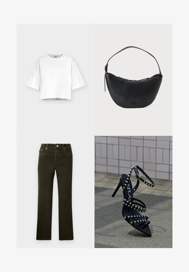 Crop top blanc oversize à manches courtes avec col rond, en tissu lisse, présenté sur un fond clair uni.; Pantalons en velours côtelé droit, de couleur vert olive sombre, avec un design à cinq poches, un bouton en métal et une fermeture éclair. Texture douce avec un motif côtelé visible.; Sandale à talon haut noire avec bout pointu, dotée de multiples brides ornées de clous argentés, finition brillante et détail boucle.; Sac à épaule en cuir noir de forme croissante, avec une fermeture zippée et une bandoulière amovible. Petit logo embossé à l'avant.