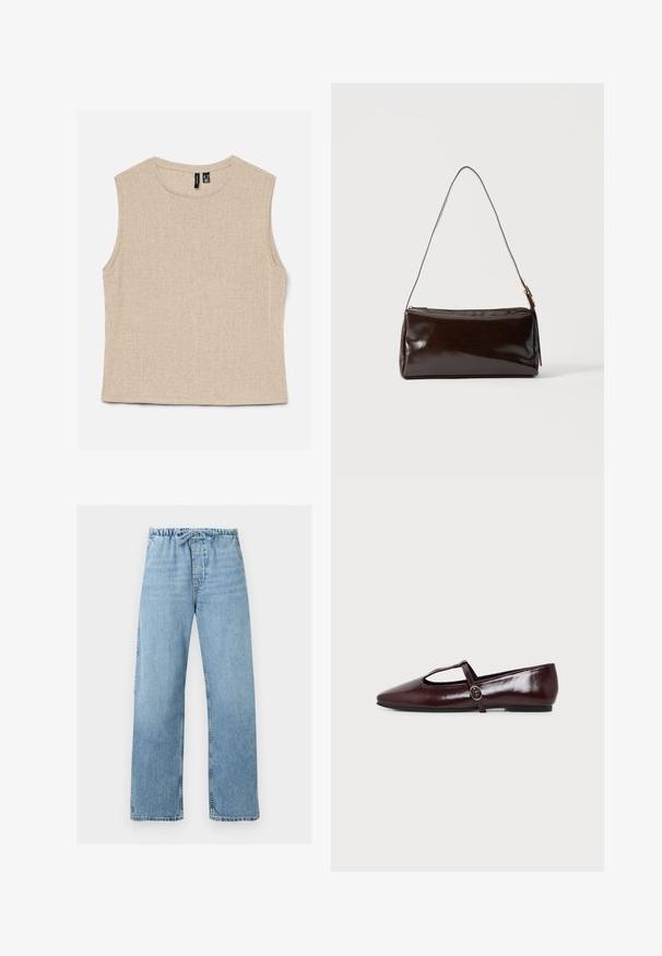 Haut en maille beige sans manches avec encolure ronde et tissu texturé, posé à plat sur un fond clair.; Jean en denim bleu clair avec jambes larges, taille élastique et lien à cordon, présenté à plat sur fond blanc.; Chaussure plate en cuir bordeaux foncé avec un bout pointu et une fine bride en T avec une boucle argentée sur fond blanc.; Sac à bandoulière rectangulaire en cuir marron foncé avec une seule sangle fine et une boucle dorée sur un fond uni.