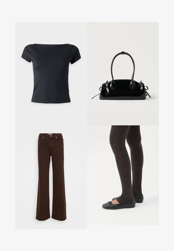 Sort tætsiddende dams top med korte ærmer og bred bådudskæring på en ensfarvet lys grå baggrund.; Brune udvide bukser med sort leopardprint, designet med klassiske fem lommer og sølvhardware. Lavet af denimstof.; Ben iført mørke ribbede leggings kombineret med sorte balletsko med små sløjfedetaljer på hvid baggrund.; Lille sort blank håndtaske med to lange håndtag og snøre-detaljer i siden på en ensfarvet lys baggrund.