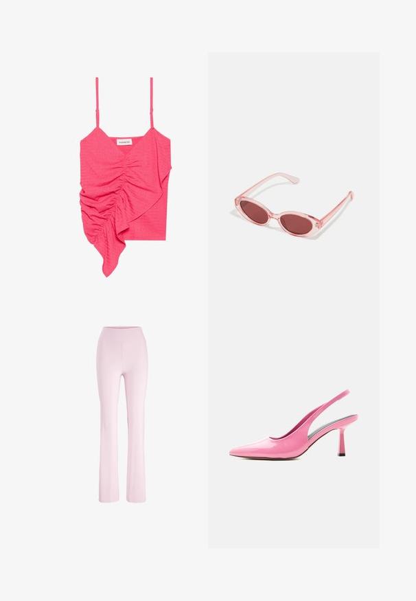 Fuchsia pink ærmeløs top med rynket design og asymmetrisk kant. Fremstillet af tekstureret stof, med tynde justerbare stropper og et mærke.; Lyserøde yoga bukser med høj talje med tætsiddende pasform over lårene og let udvidede ben, vist på en hvid baggrund.; Blank lyserød slingback-pumpe med spids tå og mellemhøj blokhæl på hvid baggrund.; Lyserøde transparente solbriller med ovale linser, mørkerød toning og slanke stænger, der har en glat overflade og diskret detaljering på rammen.