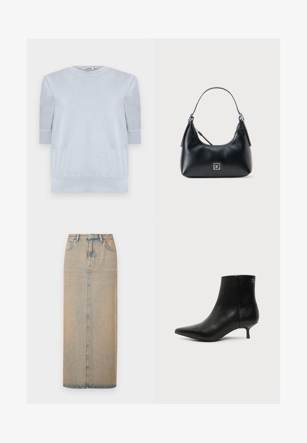 Pull-over léger bleu en tissu doux, avec des manches courtes, un col rond et des poignets et un ourlet côtelés. Texture lisse dans l'ensemble.; Une longue jupe en denim bleu clair avec une coupe droite. Comprend cinq poches, des passants de ceinture et un multiplicateur de boutons à l'avant. Texture décolorée sur toute la surface.; Bottine en cuir noir avec bout pointu et petit talon kitten sur fond clair, vue côté extérieur.; Sac à épaule en cuir noir avec une seule poignée, fermeture éclair et un petit logo carré en argent à l'avant.