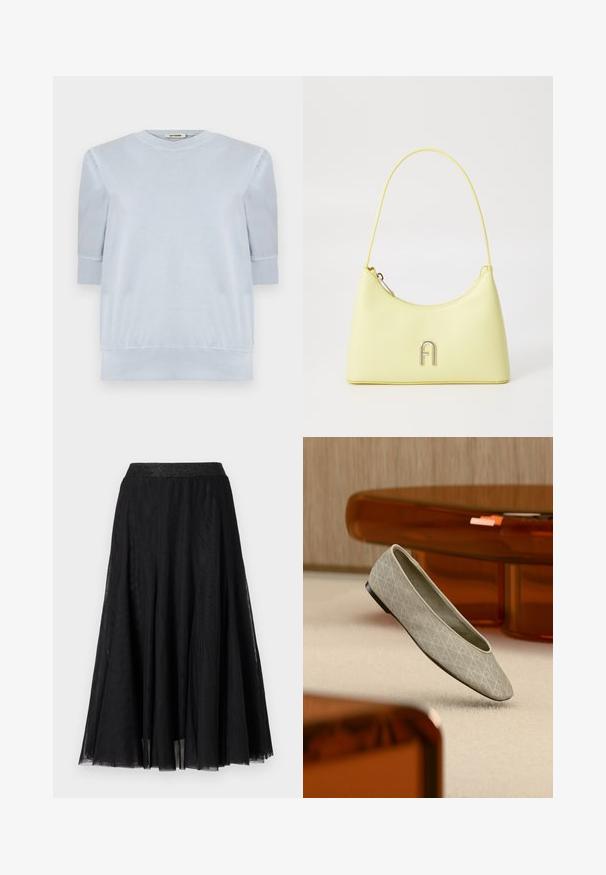 Lys blå pullover-skjorte lavet af blødt stof, med korte ærmer, en rund halsudskæring og ribbedemanchetter og kant. Glat tekstur generelt.; Sort maxi-skirt med et struktureret, flydende design. Har en bred, glitrende talje og et lagdelt, gennemsigtigt stof for en yndefuld fremtoning.; Beige balletsko med geometrisk mønster svæver over et lyst tæppe i et moderne rum med møbler i ravtoner.; Gul kunstlæder håndtaske med en glat tekstur, rund form og en slank skulderrem; har et metallisk "A" logo på fronten.