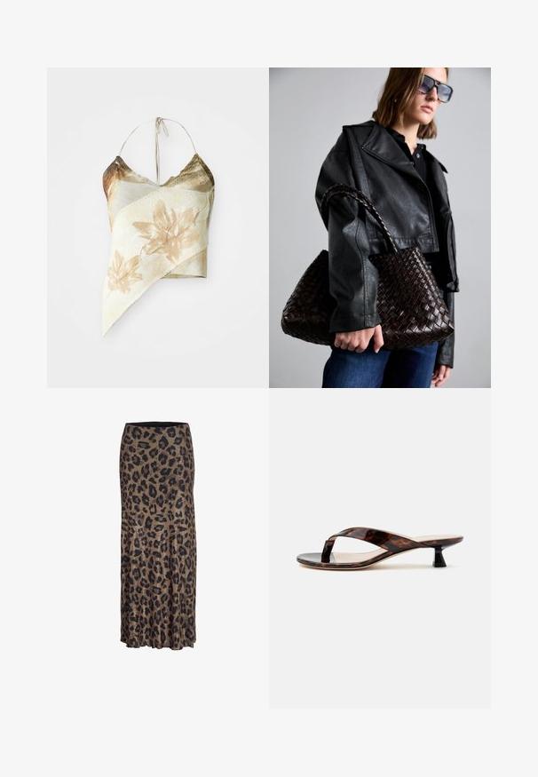 Asymmetrische bloemenprint crop top in gedempte beige en olijfgroene tinten, met een mesh textuur, halternekstrikken en een gedrapeerd ontwerp.; Leopardprint rok in bruin en zwart, met een vloeiende vormgeving en een subtiele ruffle zoom, gemaakt van lichte, zachte stof.; Bruine schildpad kitten hak sandaal met teenslipperriem en vierkante neus op een effen lichte achtergrond.; DRAGON DIFFUSION SANTA CROCE BIG - Handtas - dark brown