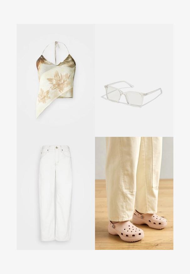 Asymmetrisches Crop-Top mit Blumenmuster in gedämpften Beige- und Olivtönen, mit einer Netzstruktur, Halterhals-Bindebändern und einem drapierten Design.; BDG Urban Outfitters LOGAN CINCH - Jeans Straight Leg - white; Helle rosa Clogs aus Gummi, mit Belüftungslöchern, einer konturierten Form und einer strukturierten Sohle für Halt. Getragen mit hellbeigen Hosen.; Klare, quadratische Kunststoffbrillen mit durchsichtigen Gläsern, die goldene Akzente an den Bügeln für zusätzliche Details aufweisen.