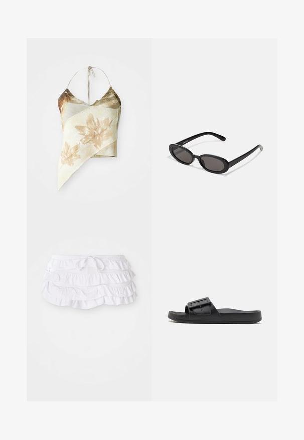 Top corto con estampado floral asimétrico en tonos beige apagado y oliva, que presenta una textura de malla, lazos al cuello estilo halter y un diseño drapeado.; Falda de baño blanca con volantes y múltiples capas, que presenta una cintura con cordón para ajustar. Tela suave con una textura lisa.; Chancla negra con una correa ancha, hebilla ajustable, suela plana y textura mate suave. Diseño simple sin patrones adicionales.; Even&Odd Gafas de sol - black