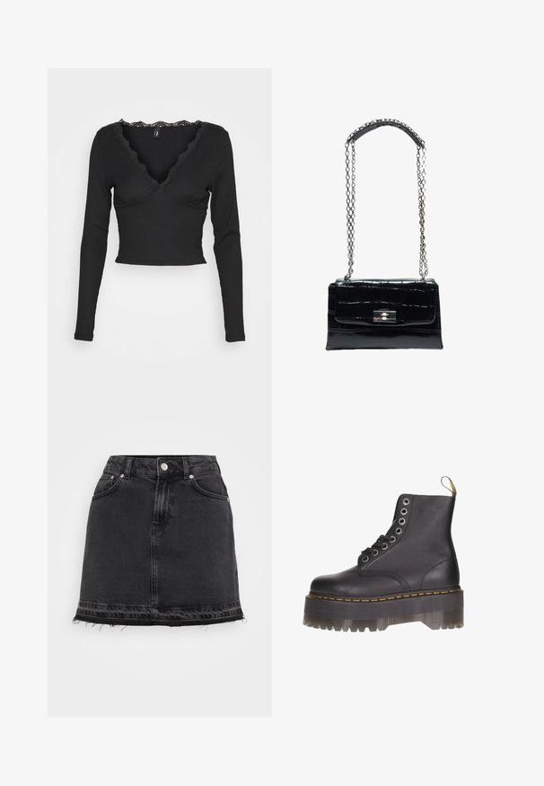 ONLY ONLTALIA - Langarmshirt - black; Schwarze Denim-Minirock mit gerader Silhouette, vorderen Taschen, Metallknopfverschluss und fransigem Saumdetail.; Schwarze Leder-Stiefelette mit sechs Ösen-Schnürung, gelben Nähten und einer transparenten Plattformsohle mit gezacktem Rand.; Schwarze Handtasche aus Krokodilleder mit silbernem Drehverschluss und langem silbernem Kettenriemen mit Leder-Schulterpolster.