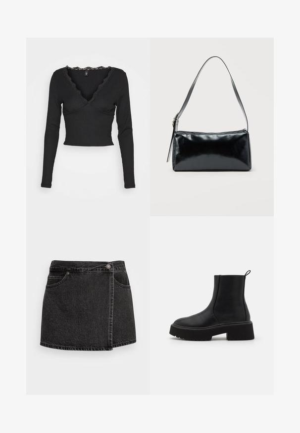 ONLY ONLTALIA - Μπλούζα με μακριά μανίκια - black; Μαύρη τζιν μίνι φούστα με ελαφρώς φθαρμένο στρίφωμα, δύο μπροστινές τσέπες και κλείσιμο με ασημένιο κουμπί. Διαθέτει σχέδιο με πλευρικό τύλιγμα.; Μαύρες δερμάτινες μποτίνες μέχρι τον αστράγαλο με χοντρή πλατφόρμα και ελαφριά τακούνι, διαθέτοντας φερμουάρ στο πλάι και λαβή στην πίσω πλευρά.; Μαύρη ορθογώνια τσάντα ώμου με έναν ρυθμιζόμενο ιμάντα και κλείσιμο με φερμουάρ στην κορυφή σε μονόχρωμο φόντο.