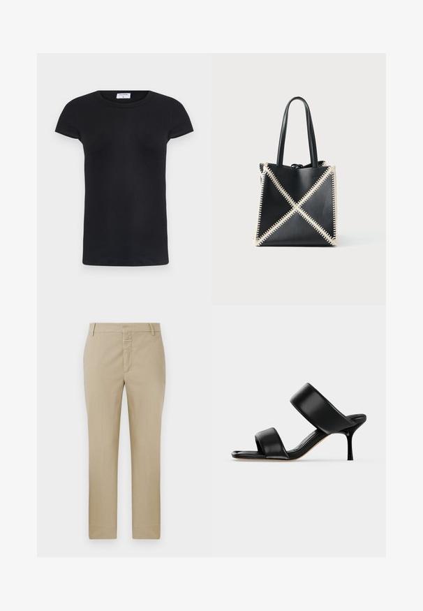 Camiseta negra de canalé con cuello redondo y mangas cortas. Tela suave con forma ajustada, presenta una etiqueta en el cuello.; Pantalones beige de corte recto, confeccionados en una tela lisa. Cuentan con una cremallera en la bragueta y passantes para cinturón; con costuras mínimas y sin patrones visibles.; Sandalia mule de cuero negro con dos tiras anchas y un tacón de aguja delgado de altura media sobre un fondo claro y sencillo.; Bolso tote de cuero negro con costuras crema formando un patrón de X. Presenta dos asas negras y una forma desestructurada.