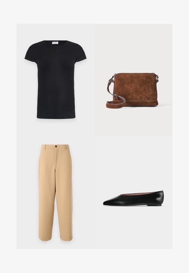 Camiseta negra de canalé con cuello redondo y mangas cortas. Tela suave con forma ajustada, presenta una etiqueta en el cuello.; CLOSED WRENNA - Pantalones - urban beige; Zapato plano negro de cuero para mujer con punta puntiaguda y tacón bajo, mostrado de lado sobre un fondo liso gris claro.; Bolso bandolera de ante marrón con correa ajustable y herrajes plateados, forma rectangular sobre fondo claro liso.