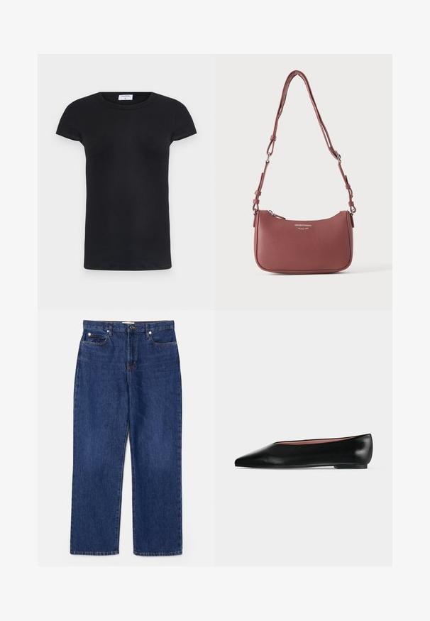 T-shirt noir à côtes avec un col rond et des manches courtes. Tissu doux avec une coupe ajustée, présentant une étiquette au niveau du cou.; Jean en denim bleu foncé avec une taille haute, une coupe droite, cinq poches et des détails en métal argenté. Présente un léger délavage et des coutures brodées.; Chaussure plate en cuir noir pour femme, avec bout pointu et petit talon, vue de côté sur un fond gris clair uni.; Petit sac à bandoulière en cuir mauve texturé avec sangle réglable et fermeture éclair argentée, arborant le logo Emporio Armani Milano 1981 sur le devant.