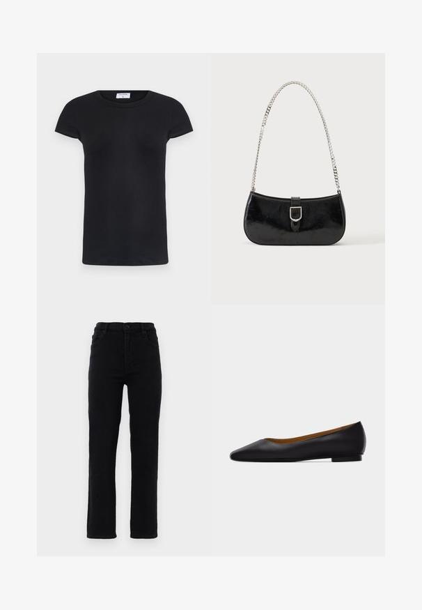 Schwarzes geripptes T-Shirt mit rundem Halsausschnitt und kurzen Ärmeln. Weicher Stoff mit figurbetonter Passform, ausgestattet mit einem Etikett am Hals.; Schwarze Jeans aus Denim mit geradem Bein, mittelhohem Bund und fünf Taschen. Mit einem Frontknopfverschluss und Gürtelschlaufen.; Schwarzer flacher Schuh aus Leder mit spitz zulaufender Vorderkappe, niedrigem Absatz und glatter Oberfläche, von der Seite vor einem hellgrauen Hintergrund dargestellt.; Schwarze Schultertasche aus Lackleder mit silberner Schnalle und silbernem Kettenriemen, auf hellem einfarbigen Hintergrund präsentiert.