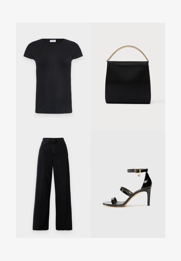 Sort ribbet T-shirt med rund halsudskæring og korte ærmer. Blødt materiale med en tætsiddende pasform, som har et mærke i nakken.; Sorte wide-leg jeans lavet af denim, med høj talje, forlommer og knaplukning. Stoffet har en glat tekstur.; Sorte patenterede lædersandaler med tre stropper, ankelspænde og 10 cm stiletthæl. Har detaljer i guld og et logo charms.; Sort taske lavet af glat stof, med en struktureret form, et håndtag med guld kæde og et minimalistisk geometrisk design.