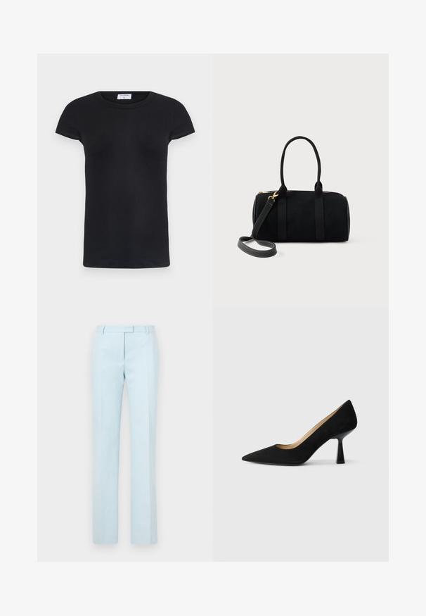 T-shirt noir à côtes avec un col rond et des manches courtes. Tissu doux avec une coupe ajustée, présentant une étiquette au niveau du cou.; Pantalons sur mesure bleu clair avec jambes droites, devant plat et passants de ceinture. Fabriqués en tissu lisse, avec une texture subtile et des lignes épurées.; Pompe à talons hauts en suède noir avec un bout pointu, dotée d'un talon bloc noir brillant et d'une doublure intérieure lisse.; Sac à main cylindrique noir avec doubles poignées et une bandoulière amovible, dotée de quincaillerie dorée et d'une fermeture éclair sur le dessus.