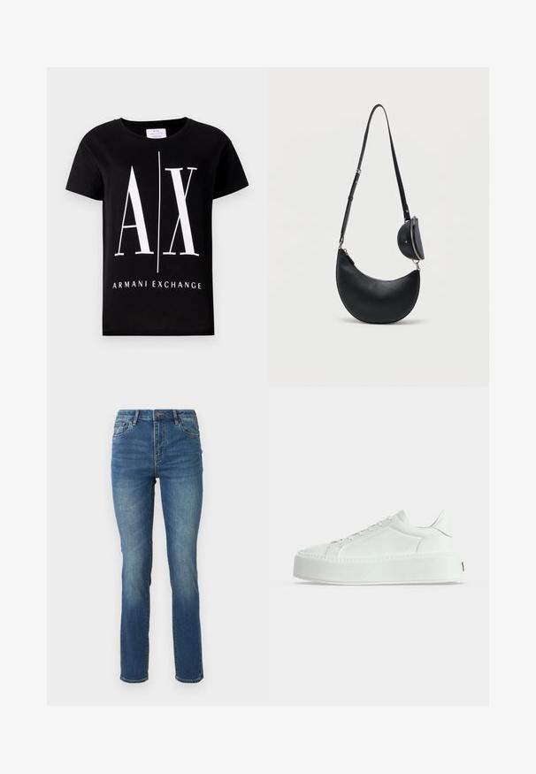 Čierne bavlnené tričko s veľkým bielym logom "AX" a textom "ARMANI EXCHANGE". Klasický okrúhly výstrih a krátke rukávy.; Stredne vysoké modré džíny s rovným strihom, s hladkou textúrou, jemným vyblednutím a klasickým dizajnom s piatimi vreckami a zapínaním na gombík.; Biely nízky teniska z textúrovaného kože, s hrubou platformovou podrážkou a šnurovaním, zobrazená zboku na jednoduchom pozadí.; Čierna kožená crossbody taška v tvare polmesiaca s dlhým nastaviteľným popruhom a malou okrúhlou kapsičkou so zipsom pripojenou blízko popruhu.