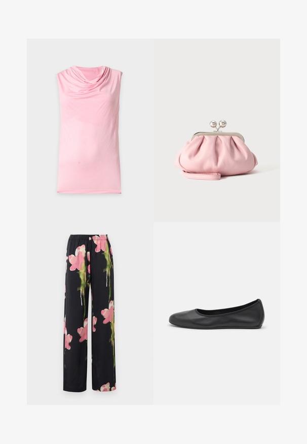 Mouwloze lichtroze top met een gedrapeerde col halslijn, gladde stof en zonder zichtbare patronen of versieringen.; Bloemen brede broek met een zwarte achtergrond, versierd met roze en groene aquarelachtige bloemen. Zachte stof met een elastische tailleband.; Zwarte leren ballerina met een ronde neus, gladde textuur, minimale stikdetails en een flexibele zoolontwerp.; Kleine zachte roze clutch met zilverkleurig metalen frame en ronde sluiting, liggend op een vlakke lichte ondergrond met polsriem vooraan gevouwen.