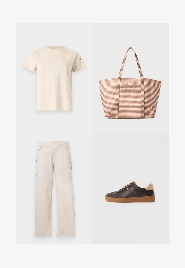 Schlichtes hellbeiges T-Shirt mit kurzen Ärmeln, rundem Ausschnitt und minimalem schwarzem Text auf dem linken Ärmel vor weißem Hintergrund.; Beige weite Hosen aus einer Baumwollmischung, mit geschwungenen Nahtdetails, einem Knopfverschluss und seitlichen Taschen. Flacher Vorderteil.; Dunkelbraune Leder- und Wildledersneaker mit hellbraunen Schnürsenkeln und Sohle, goldfarbenem Logoakzent und "Michael Kors"-Prägung auf der Sohle.; Tote-Bag im Gingham-Muster in Brauntönen, mit einem geräumigen Hauptfach, zwei Griffen und einer Vordertasche mit Etikett.