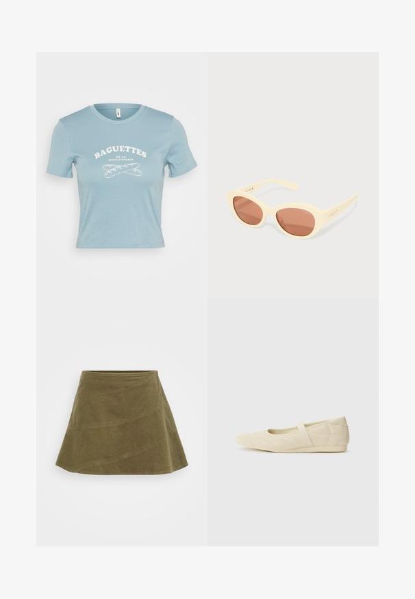 Camiseta de manga corta color azul claro hecha de algodón, con un gráfico en blanco que dice "BAGUETTES DE LA BOULANGERIE" y un diseño de baguette cruzados.; Falda de pana verde oliva, forma de A, tela texturizada, presenta una cinturilla suave y detalles de costura.; Bailarinas beige con un exterior de cuero liso, punta en forma de almendra y una correa elástica en el empeine, con detalles de costura sutiles.; Gafas de sol con un marco de color amarillo pálido, lentes ovalados de tintado marrón y el logo de "vogue" impreso en las patillas. Textura suave, diseño contemporáneo.