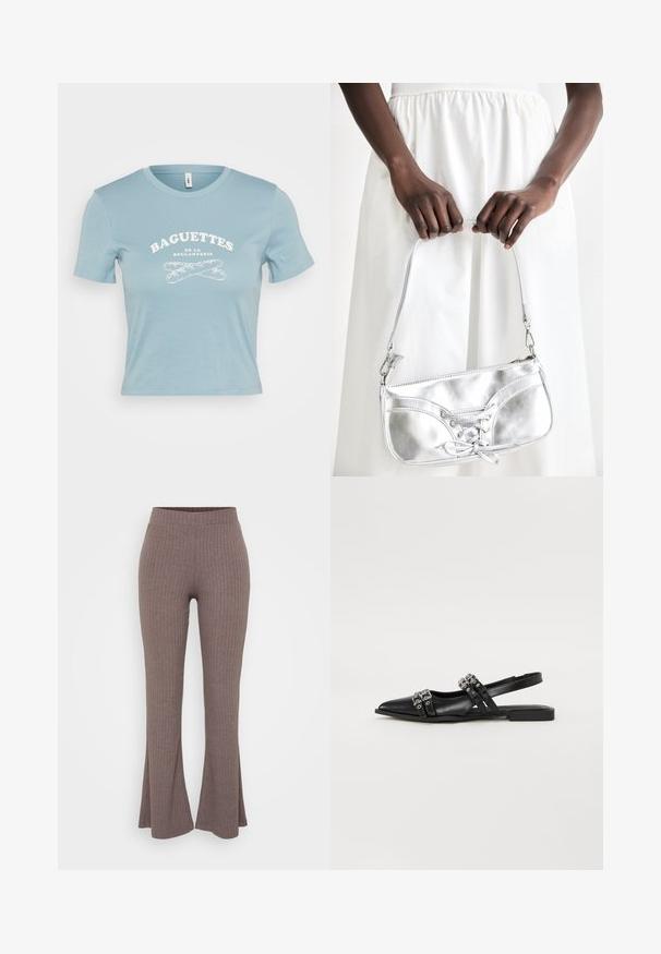 Camiseta de manga corta color azul claro hecha de algodón, con un gráfico en blanco que dice "BAGUETTES DE LA BOULANGERIE" y un diseño de baguette cruzados.; Pantalones acampanados de canalé marrones con una cinturilla alta y elástica, y una textura suave, que presentan un sutil patrón vertical en toda su superficie.; Even&Odd by Zalando Bailarinas con tira trasera - black; Bolso metálico plateado con detalle de cordones, que presenta un diseño elegante y una correa corta. El bolso está sostenido con las manos, mostrando su textura.