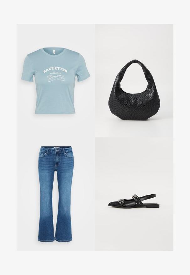 Hellblaues T-Shirt mit kurzen Ärmeln aus Baumwolle, auf dem in weißer Schrift "BAGUETTES DE LA BOULANGERIE" sowie ein gekreuztes Baguette-Design abgebildet ist.; Blaue Schlagjeans aus Denim mit mittelhoher Taille, fünf Taschen und einem leicht verwaschenen Finish für einen lässigen Look.; Even&Odd by Zalando Sling-Ballerina - black; Schwarze gewebte Handtasche mit einem gebogenen Griff, die eine strukturierte Oberfläche und eine lässige Form hat. Glatte Oberfläche mit einer organischen Silhouette.