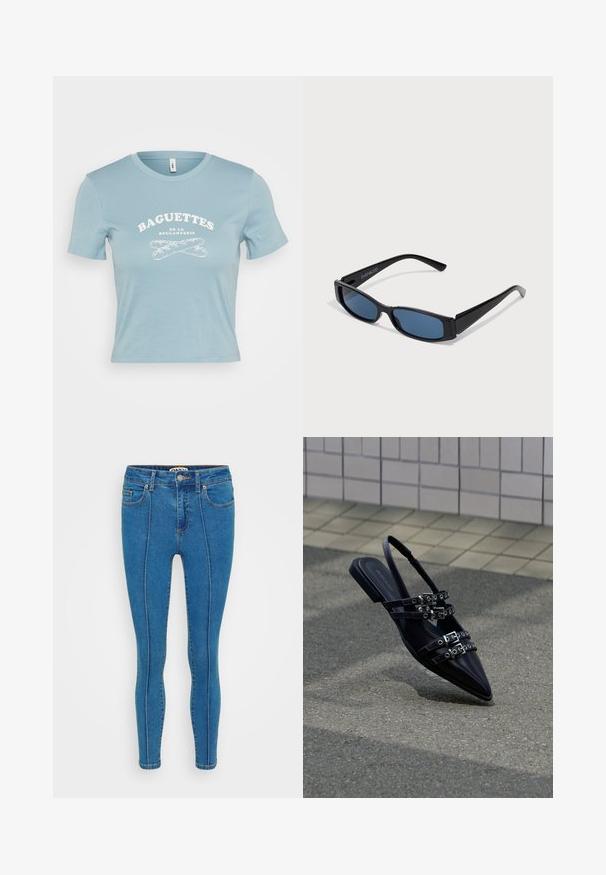 Lyseblå kortærmet T-shirt lavet af bomuld med en hvid grafisk tekst "BAGUETTES DE LA BOULANGERIE" og et krydset baguette-design.; Blå denim skinny jeans har et højt liv, forlommer og kontrasterende syninger langs sømmene. Overfladen er glat.; Sort flad sandal med spids tå, flere remme med spænder og slingback, placeret over et belagt underlag og flisevæg som baggrund.; Sorte solbriller med en slank rektangulær ramme og blå linser. Har en glat overflade og robuste stænger. Mærkets logo på siden.