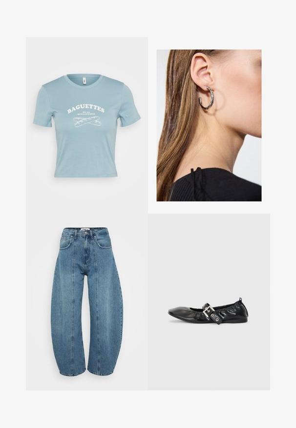 Camiseta de manga corta color azul claro hecha de algodón, con un gráfico en blanco que dice "BAGUETTES DE LA BOULANGERIE" y un diseño de baguette cruzados.; Vaqueros de tiro alto en azul claro, fabricados en denim, con corte de pata ancha, cinco bolsillos y detalles de costura. Textura suave con un acabado limpio.; Zapato plano de piel negra con puntera afilada, detalle fruncido alrededor de la abertura y un acento de hebilla plateada en la correa ajustable.; Pendiente de aro de plata con un acabado pulido, que presenta pequeños detalles en dorado y una forma redonda, llevado en el lóbulo.