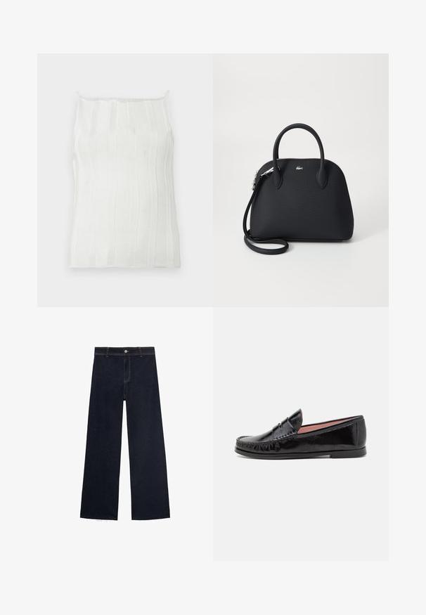 Hvid ribstrikket tanktop med tynde stropper, der har lodrette striber og en let tekstureret overflade. Enkel, tætsiddende pasform uden pynt.; Mørkeblå brede jeans med en frynset kant, der har en knap- og lynlåslukning samt klassisk fem-lomme design med kontrasterende syninger.; Sorte laklæder loafer-sko med rund tå, dekorativ syning på overdelen og en lav, flad gummisål.; Sort håndtaske lavet af tekstureret materiale, med to top håndtag og en aftagelig skulderrem, prydet med et sølv logo.