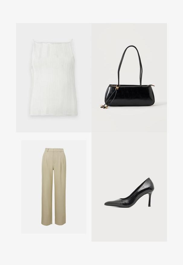 Hvid ribstrikket tanktop med tynde stropper, der har lodrette striber og en let tekstureret overflade. Enkel, tætsiddende pasform uden pynt.; Beige, bredde benbukser lavet af glat stof, med forlængerplisseringer, skræddersyet taljebånd og sidelommer. Renset kantfinish.; Sort laklæder damestilet med spids tå og slank hæl på en ensartet lys baggrund.; Sort rektangulær håndtaske med to lange stropper, guldringdetalje og lynlåslukning på en ensfarvet lys baggrund.