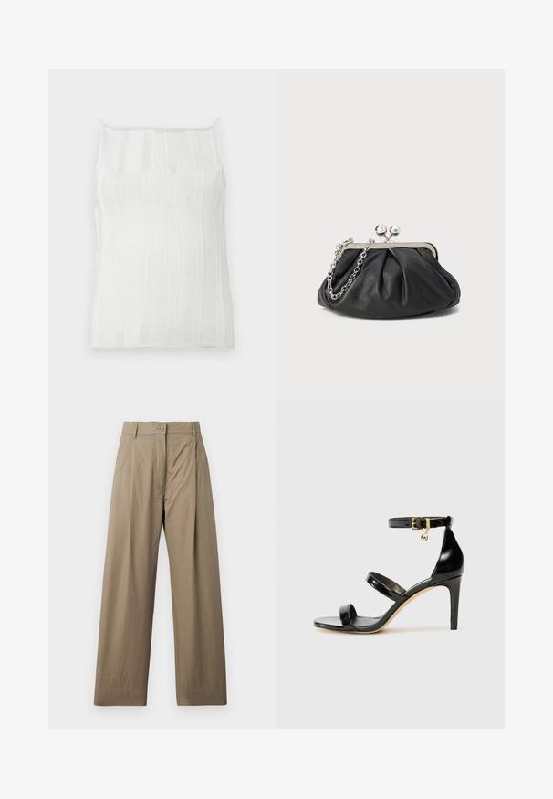 Débardeur blanc côtelé à fines bretelles, avec des rayures verticales et une surface légèrement texturée. Design simple et ajusté sans ornements.; Pantalons larges couleur khaki en mélange de coton, dotés d'une fermeture à bouton, de poches latérales et d'une texture lisse avec un léger éclat.; Sandale en cuir verni noir avec trois brides, boucle de cheville et talon aiguille de 10 cm. Présente un détail en métal doré et un charm logo.; Porte-monnaie en cuir noir avec texture froncée, cadre en métal argenté, fermeture à verrouillage kiss-lock et bandoulière en chaîne. Surface lisse et douce.
