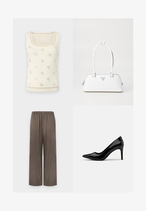 Débardeur crème avec un col rond dégagé. Présente un motif répétitif de logo argenté et des détails en bordure côtelée. Tissu doux avec une texture lisse.; Pantalon à jambes larges de couleur marron douce, avec une texture douce, une ceinture élastique et sans poches visibles. Tissu lisse avec un léger éclat subtil.; Pump à talon haut en cuir verni noir avec un bout pointu et une silhouette épurée, présentant une texture lisse et un design minimaliste.; Sac à main en cuir blanc avec une forme courbée, présentant un logo triangulaire argenté et une fermeture à glissière. Texture lisse et doubles poignées.