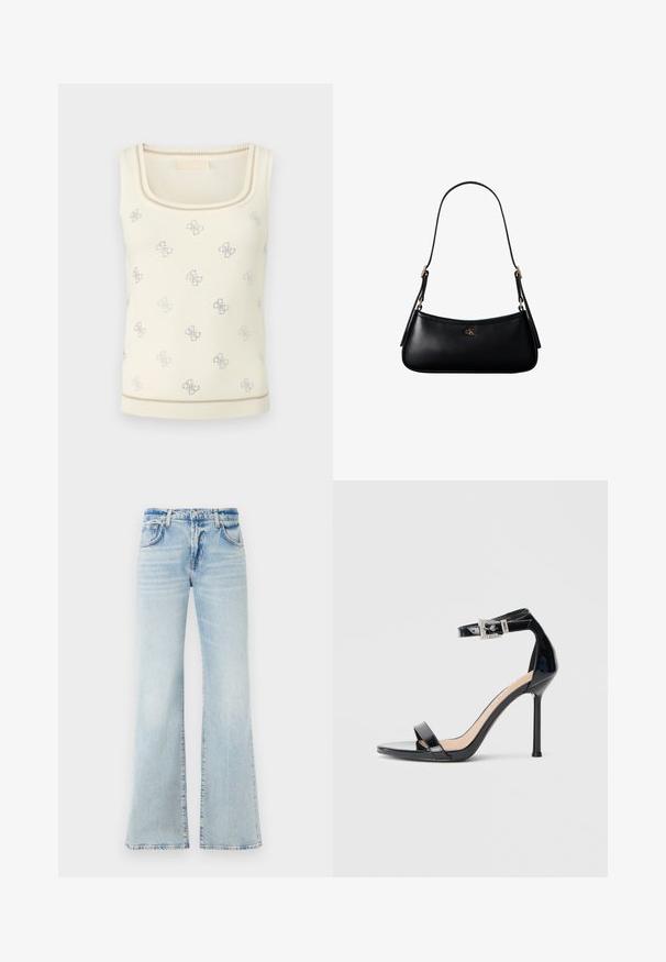 Cremefarvet tanktop med rund halsudskæring. Har et gentaget sølvlogo-mønster og ribkantdetaljer ved kanten. Blødt stof med en glat tekstur.; Udsvingende lys blå denimjeans med en blød tekstur, fem lommer og knaplukning. Har en afbleget effekt for et slidt udseende.; Sort højhælet sandal i laklæder med ankelrem. Har minimalistisk design, åben tå og spænde med rhinsten-detaljer.; Sort læder mini skuldertaske med tynd rem og lille gyldent CK-logo på fronten i midten.