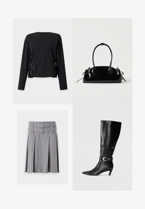Zwarte top met lange mouwen, ronde hals en veterdetails aan beide zijden met kanten inzetstukken.; Grijze plissé rok met spijkerstreep, dubbele riem en zilveren gespen, met D-ring accenten in de taille.; Zwarte leren kniehoge laars met een spitse neus en een lage kittenheel, voorzien van een decoratieve zilveren gesp bij de enkel. Gladde textuur.; Kleine zwarte glanzende handtas met twee lange hengsels en zijkant trekkoord details op een effen lichte achtergrond.
