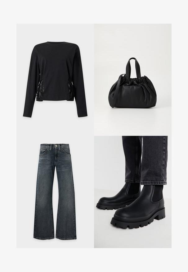 Sort langærmet top med rund halsudskæring og snøredetaljer på begge sider med blondeindsatser.; Mørkvaskede jeans med brede ben, let falmede lår, klassisk fem-lomme design og synlige stikninger, lagt fladt på en hvid baggrund.; Sorte ankelstøvler med en kraftig sål, lavet af glat læder, med elastiske sidepaneler og en blokhæl, parret med mørke denimbukser.; Sort læderhåndtaske med en samlet topdesign, der har to korte håndtag og en lang justerbar rem. Glat overflade, rund form.