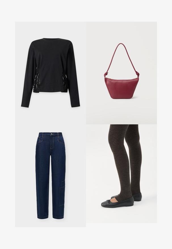 Haut noir à manches longues avec encolure ronde et détails à lacets des deux côtés, avec inserts en dentelle.; Pantalon en denim bleu foncé à jambes droites avec poches avant, fermeture par bouton et zip, et une poche cargo latérale sur la jambe droite.; Jambes portant des leggings côtelés foncés associés à des ballerines noires avec de petits détails en nœud sur fond blanc.; Petit sac à bandoulière en cuir marron foncé avec bandoulière nouée et fermeture éclair supérieure, sur un fond clair uni.