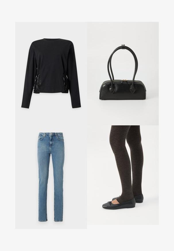 Haut noir à manches longues avec encolure ronde et détails à lacets des deux côtés, avec inserts en dentelle.; Jean en denim bleu avec une coupe droite, featuring une taille haute, un design classique à cinq poches et une légère décoloration près des cuisses et des genoux.; Jambes portant des leggings côtelés foncés associés à des ballerines noires avec de petits détails en nœud sur fond blanc.; Sac à main en cuir noir avec deux anses allongées, fermeture éclair et forme arrondie ; texture lisse avec une finition légèrement brillante.