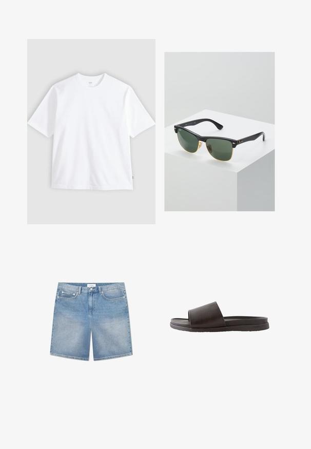 Camiseta blanca de manga corta hecha de algodón, con cuello redondo y corte recto. Etiqueta visible en el dobladillo lateral inferior.; Pantalones cortos de mezclilla azul claro con un corte recto, cinco bolsillos, un ligero desgastado y una etiqueta de marca en la cinturilla. Material de algodón con costuras clásicas.; Sandalia tipo slide de color marrón oscuro con una amplia tira texturizada y suela plana, diseñada para uso casual.; Gafas de sol Ray-Ban con lentes verdes, montura de plástico negro y acentos dorados en los bordes. Forma cuadrada con acabado mate.