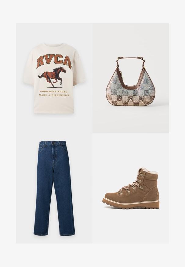 T-shirt beige à manches courtes avec le texte "RVCA", un graphisme de cheval au galop, et les phrases « De beaux jours à venir ! Faites la différence » en lettres dorées.; Jean en denim bleu taille haute avec un design à jambes larges, comprenant cinq poches, une fermeture à bouton à l'avant et des coutures décoratives le long des coutures.; Botte chelsea en suède marron avec doublure en fausse fourrure, œillets métalliques et une semelle en caoutchouc épaisse présentant un motif de traction texturé.; Petit sac à main en cuir marron avec une poignée courte, orné de strass scintillants sur un tissu à carreaux beige et marron.