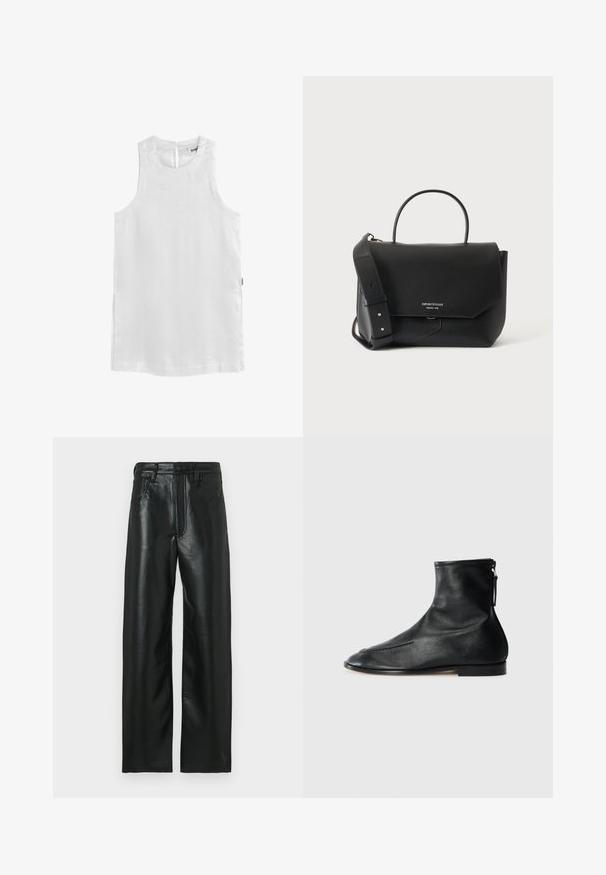 Blouse sans manches en lin blanc avec col rond et fermeture par bouton à œillet à l'arrière, avec fentes latérales pour plus de confort.; Pantalon en cuir noir à coupe droite, avec une fermeture par bouton, des passants pour ceinture et deux poches avant. Texture lisse avec un léger éclat.; Bottines en cuir noir avec un design à bout pointu, texture lisse et une fermeture éclair sur le côté pour un enfilage facile. Talon bas, style minimaliste.; Sac à main en cuir noir avec fermeture par rabat, poignée unique sur le dessus, large bandoulière réglable et petit logo argenté sur le devant.