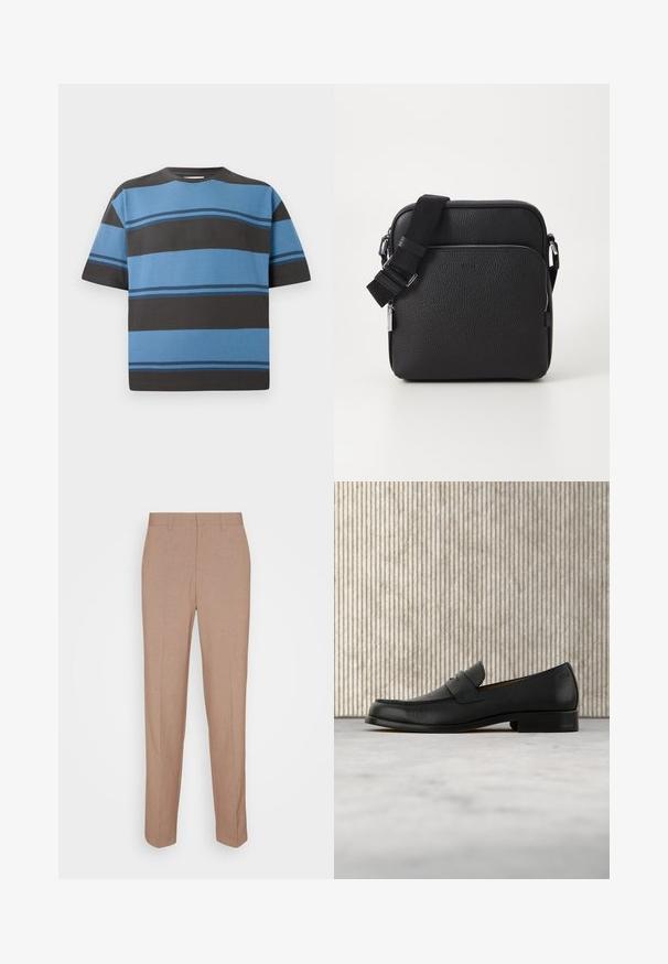 Kortærmet T-shirt i bomuld med vandrette striber i nuancer af blå og mørkegrå. Har rund hals og afslappet pasform.; Beige skræddersyede bukser i en glat, struktureret stof. Straight fit med en linning og uden synlige pyntedetaljer eller lommer.; Sort lædersko i loafer-stil svæver over et beige tæppe med et blankt brunt rundt bord i baggrunden.; Sorth læder crossover taske med en tekstureret overflade, der har en frontlomme med lynlås, justerbar strop og metal hardware detaljer.