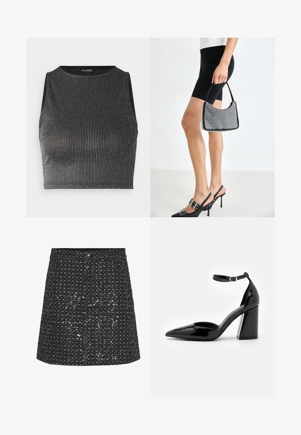 Monki TORI - Débardeur - black/silver; Jupe noire au design structuré, en tissu texturé orné de sequins métalliques qui créent un effet scintillant.; Chaussure à talon haut en cuir verni noir avec un bout pointu, une bride de cheville et un large talon bloc pour la stabilité, présentant une texture lisse et brillante.; Sac à main à perles noires avec une silhouette courbée, une poignée de transport et une texture brillante. Porté avec des chaussures à talons hauts noires et un short noir ajusté.