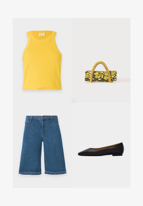Gul ribbet tanktop med rund halsudskæring og ærmeløs design. Har et lille logo detaljeret nederst. Glat tekstur.; Blå denim shorts til knæene med frynset kant, frontknap og lommer på en ensfarvet hvid baggrund.; Sort læder flad sko med spids tå, lav hæl og glat finish, vist fra siden på en lysegrå baggrund.; Rektangulær taske med gult og sort blomsterprint og flettet gul og pink hank på hvid baggrund.
